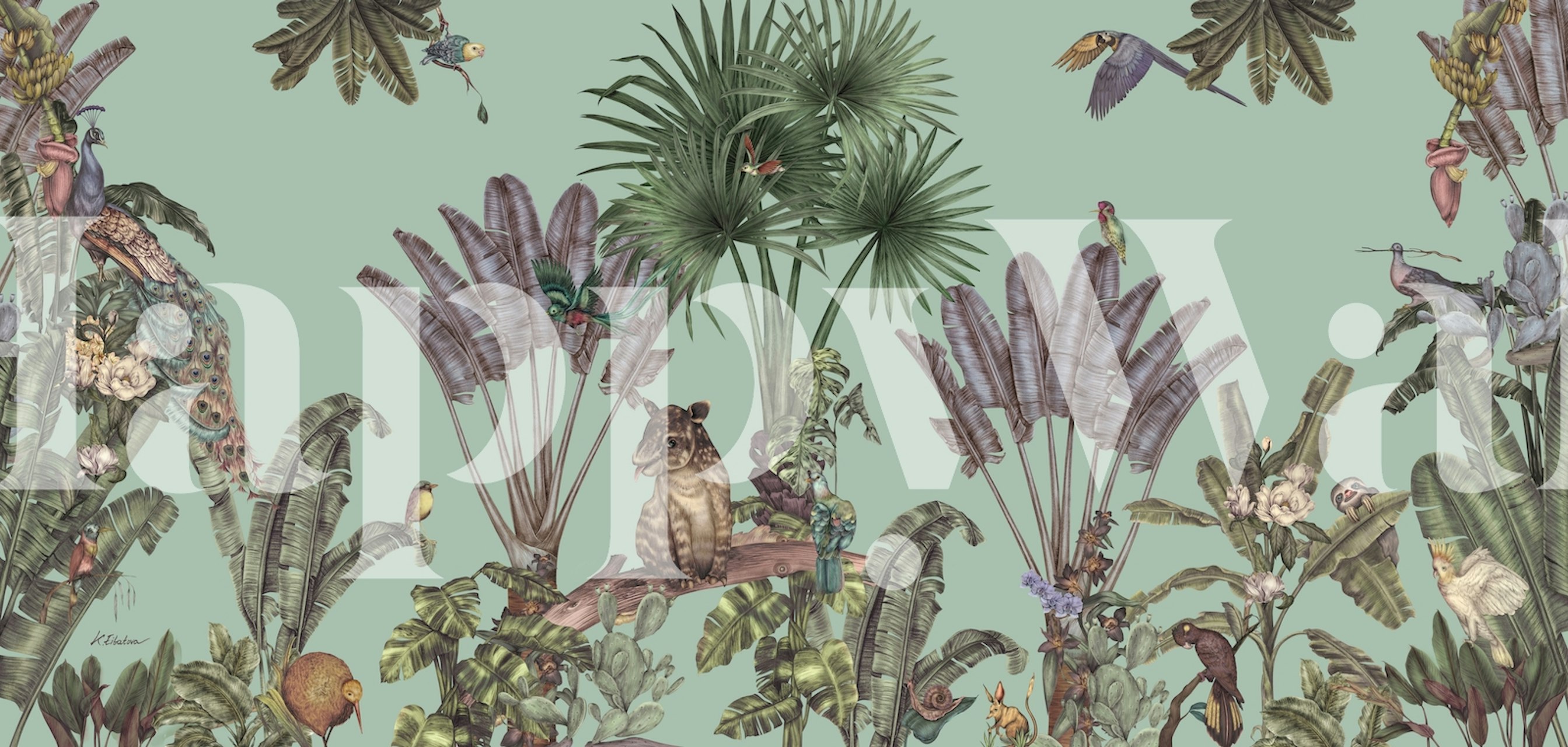 Jungle animals including a baby tapir, surrounded by lush green palm leaves wallpaper