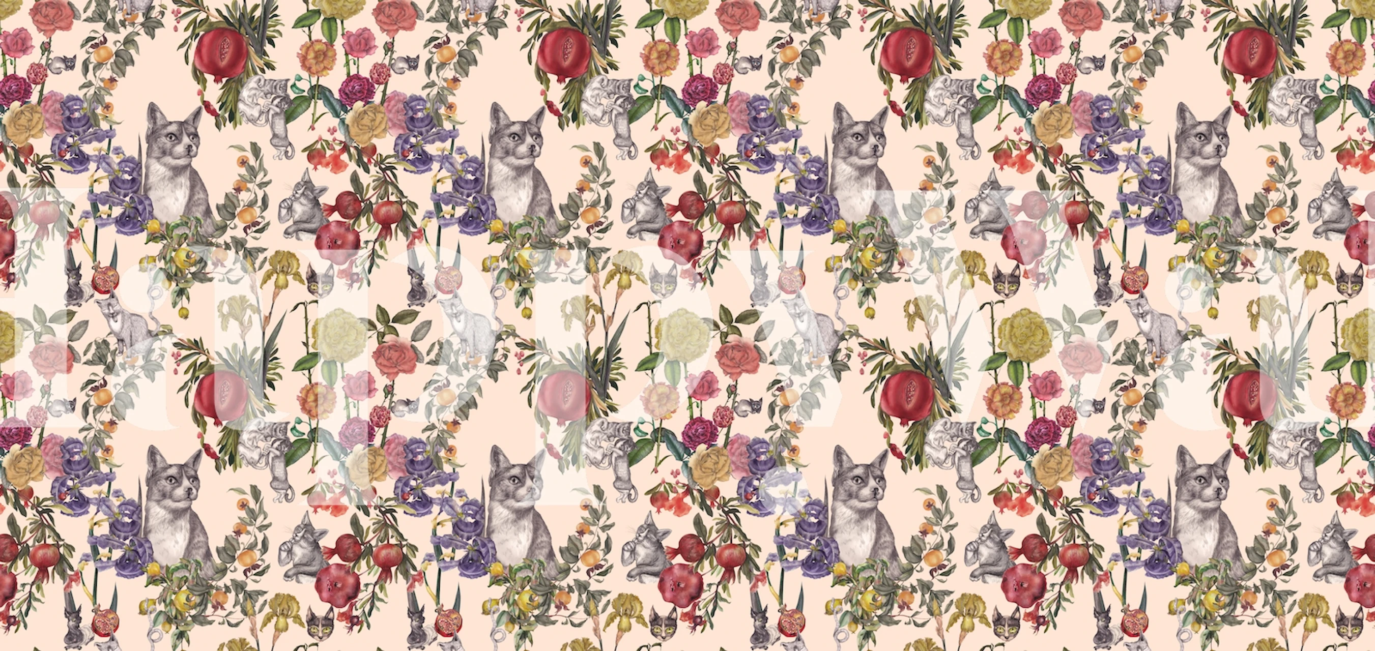 Playful cats with roses and pomegranates pattern wall mural