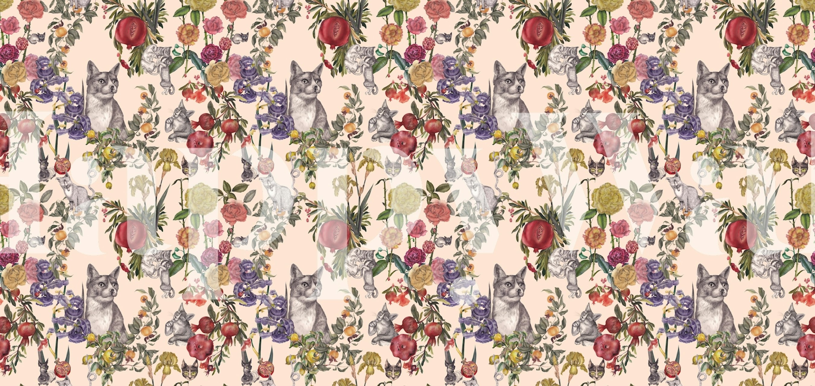 Playful cats with roses and pomegranates pattern wall mural