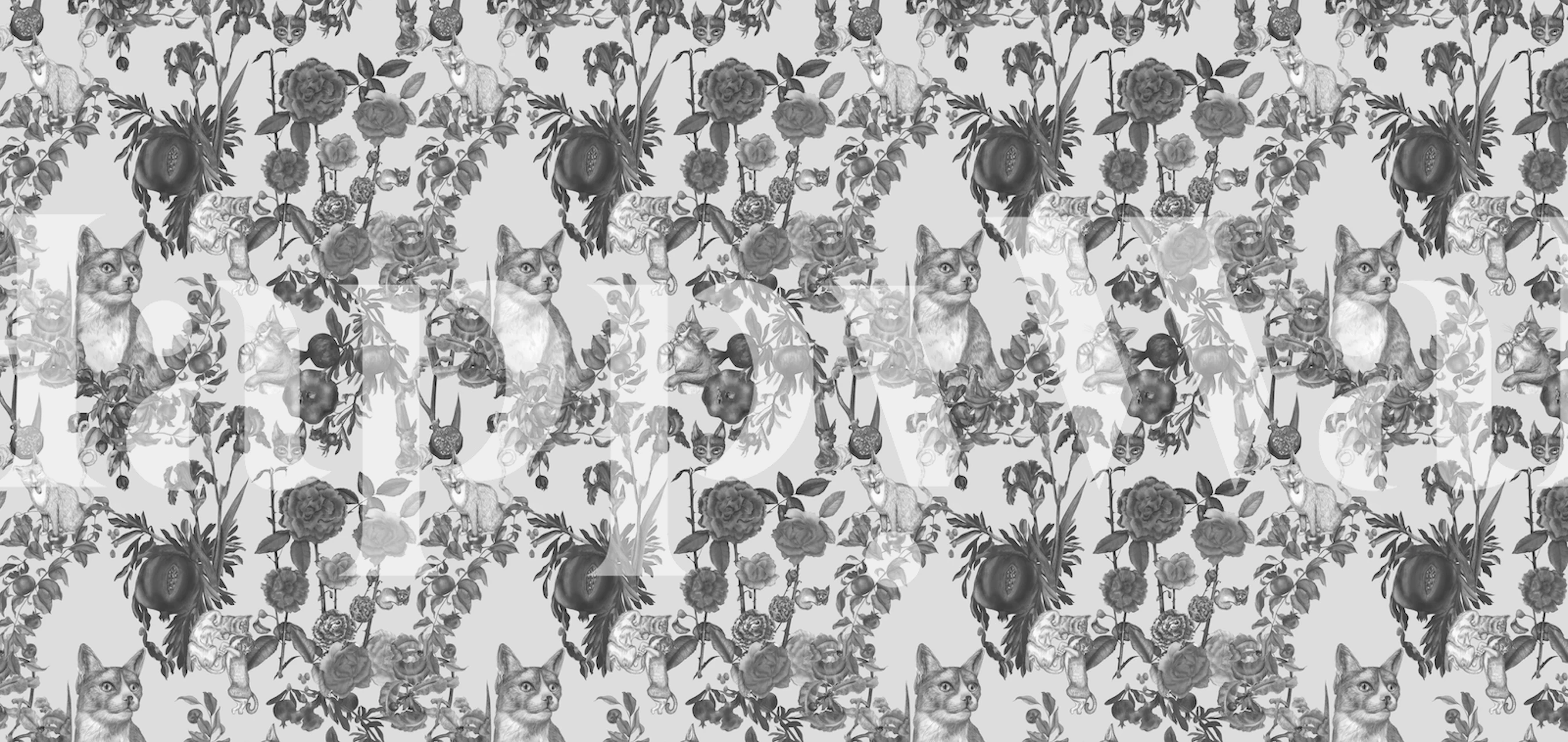 Floral and cat pattern in black and white wallpaper