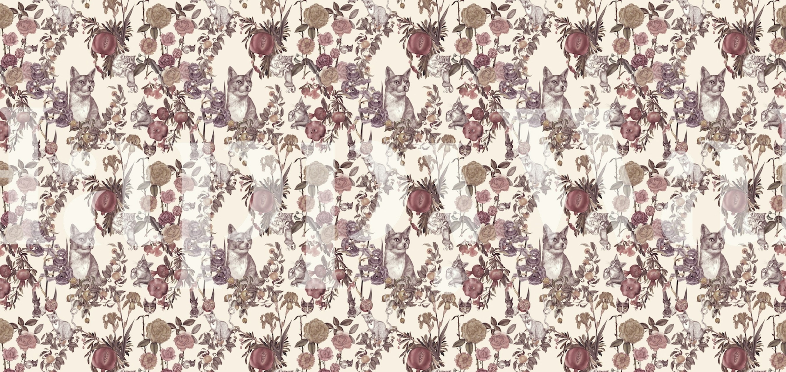 Cats among flowers in soft earthy tones vintage wallpaper