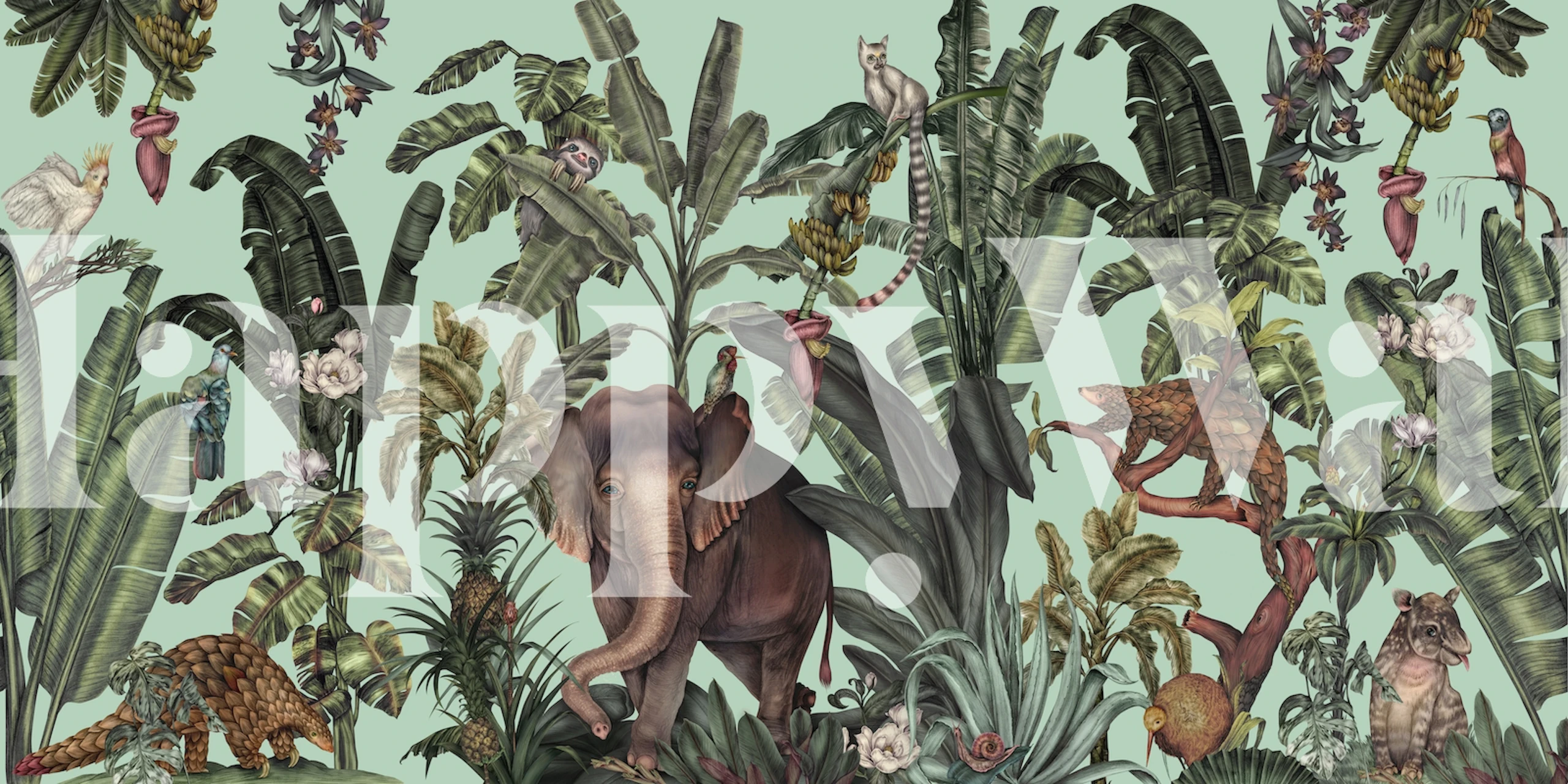 Lysegrøn jungle-tema fototapet med tropisk flora og skjulte dyreliv