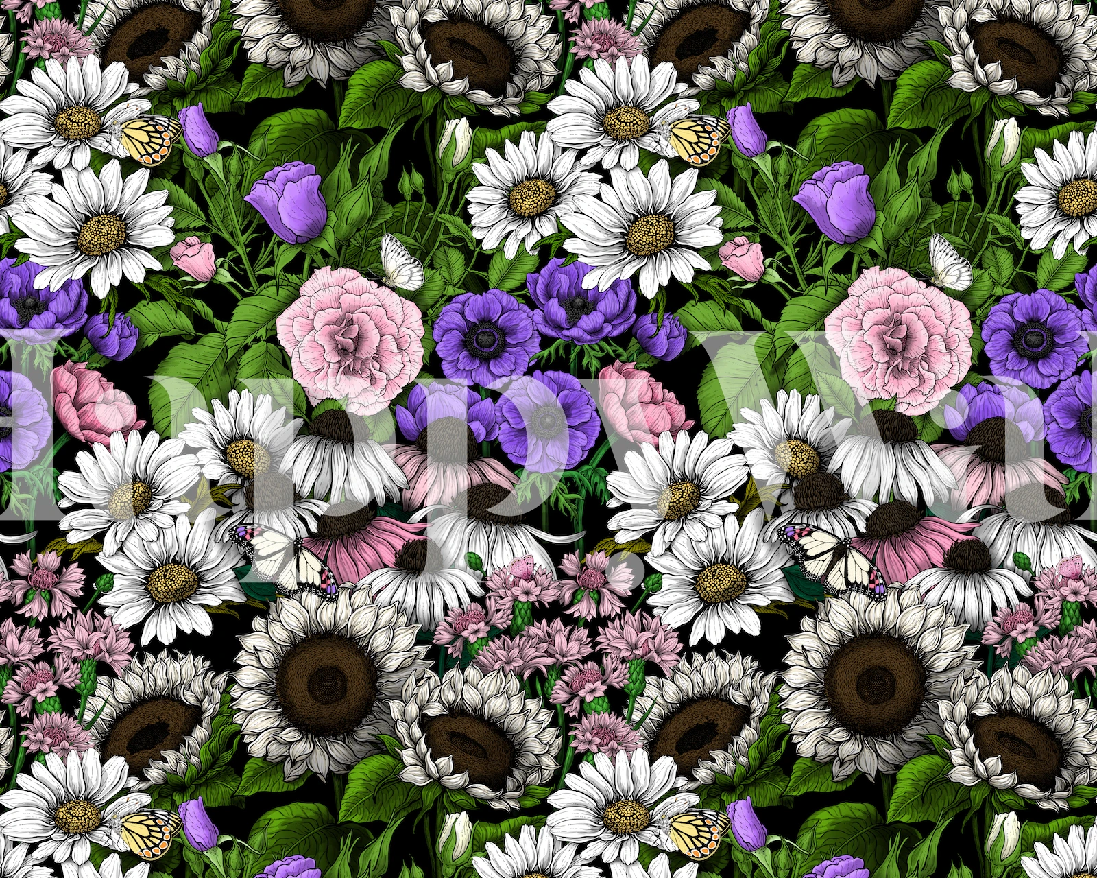 Colorful floral wallpaper with daisies, peonies, and tulips in vibrant colors