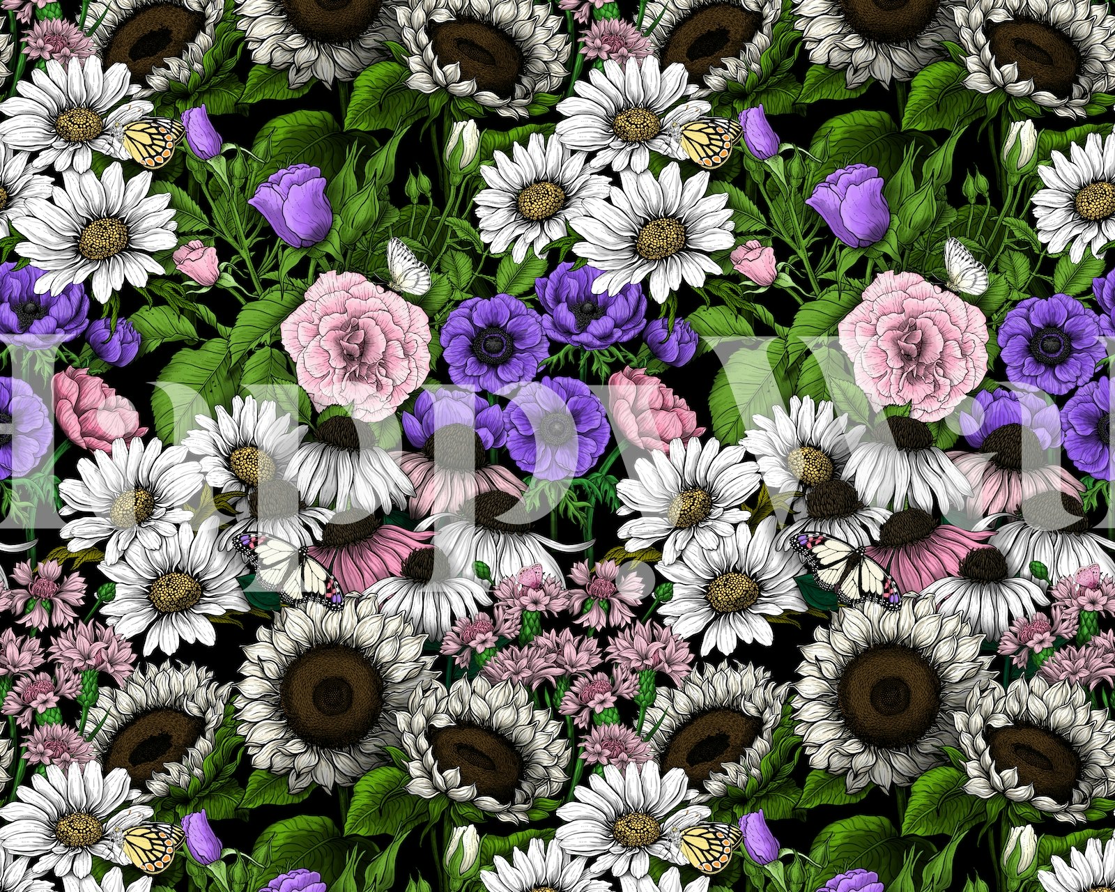 Colorful floral wallpaper with daisies, peonies, and tulips in vibrant colors