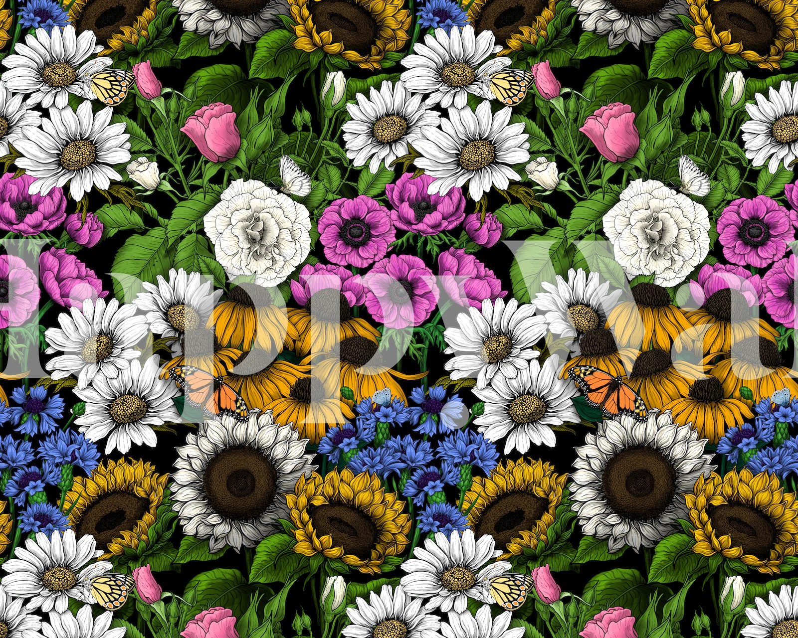 Papel tapiz floral colorido en una habitación