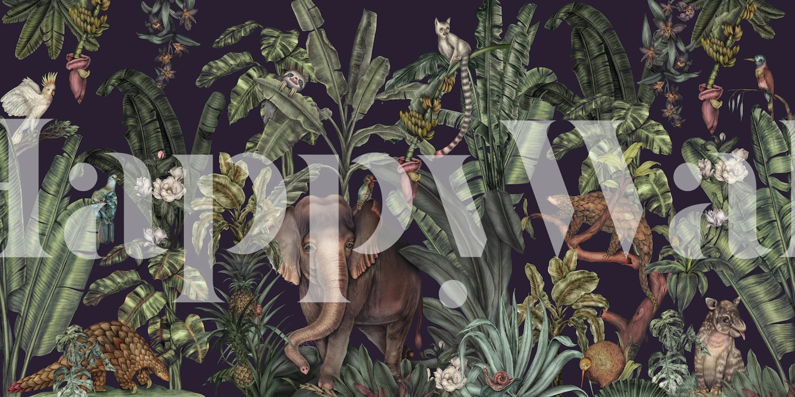 Mural de parede de selva tropical com vegetação densa e vida selvagem escondida