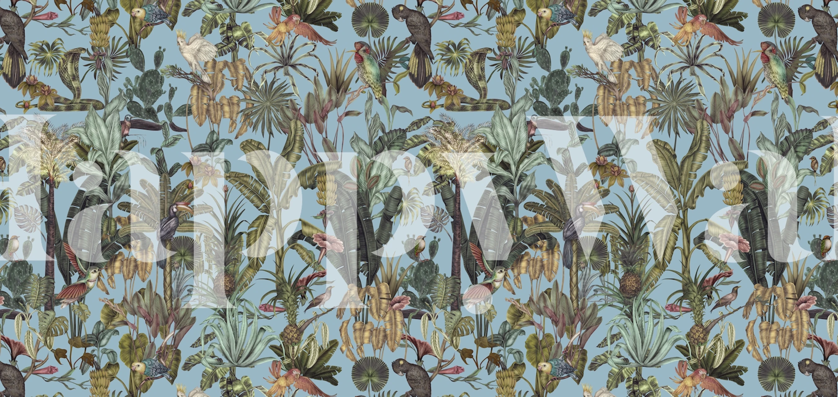 Bird Garden Sininen seinämaalaus erilaisilla lintuilla ja kasveilla