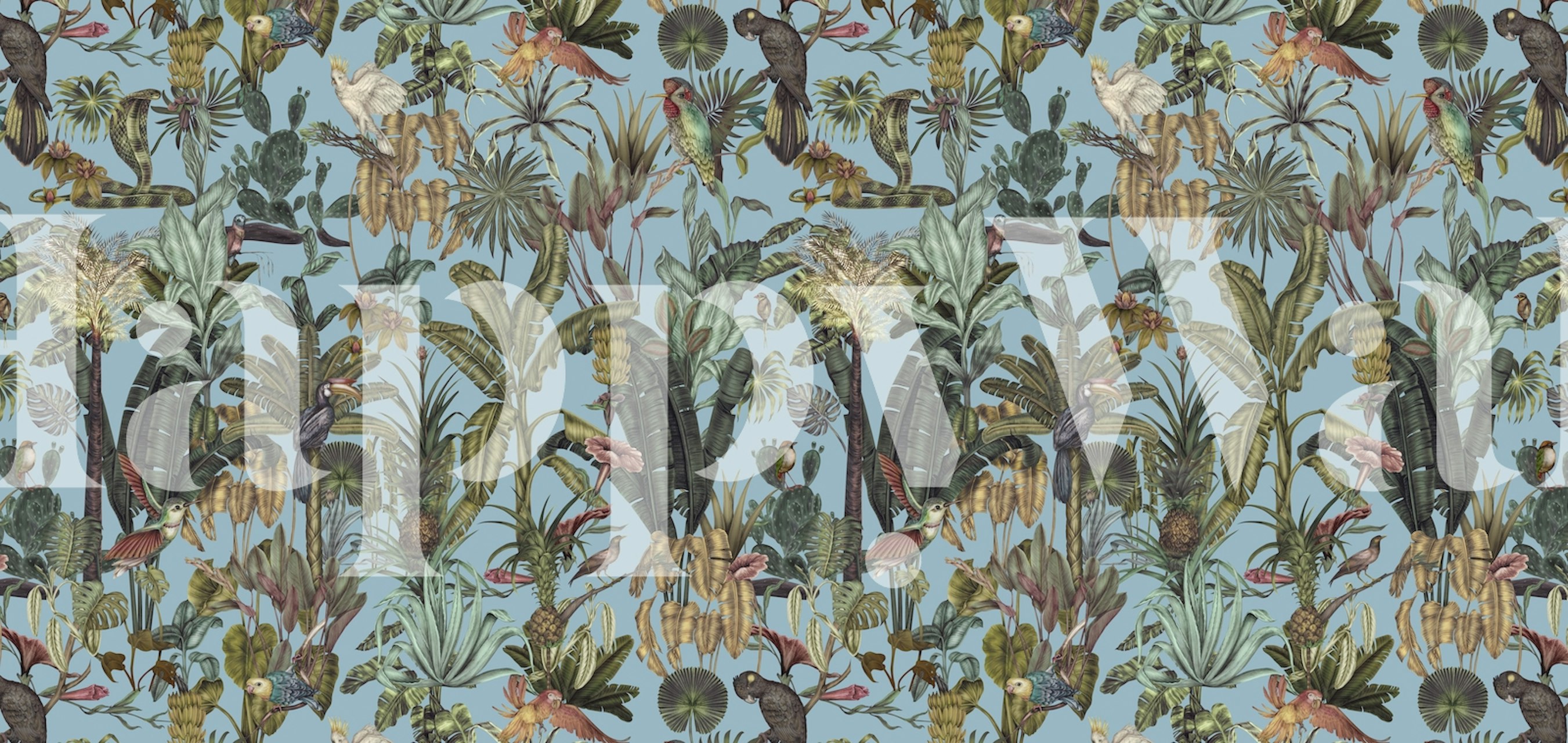 Tropical bird garden wallpaper with blue background