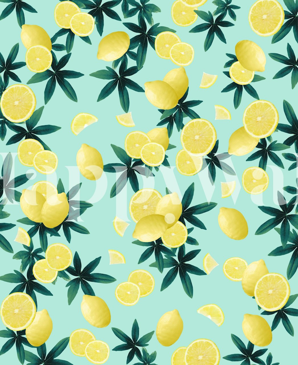 Lemon and leaf patterns on blue background wallpaper
