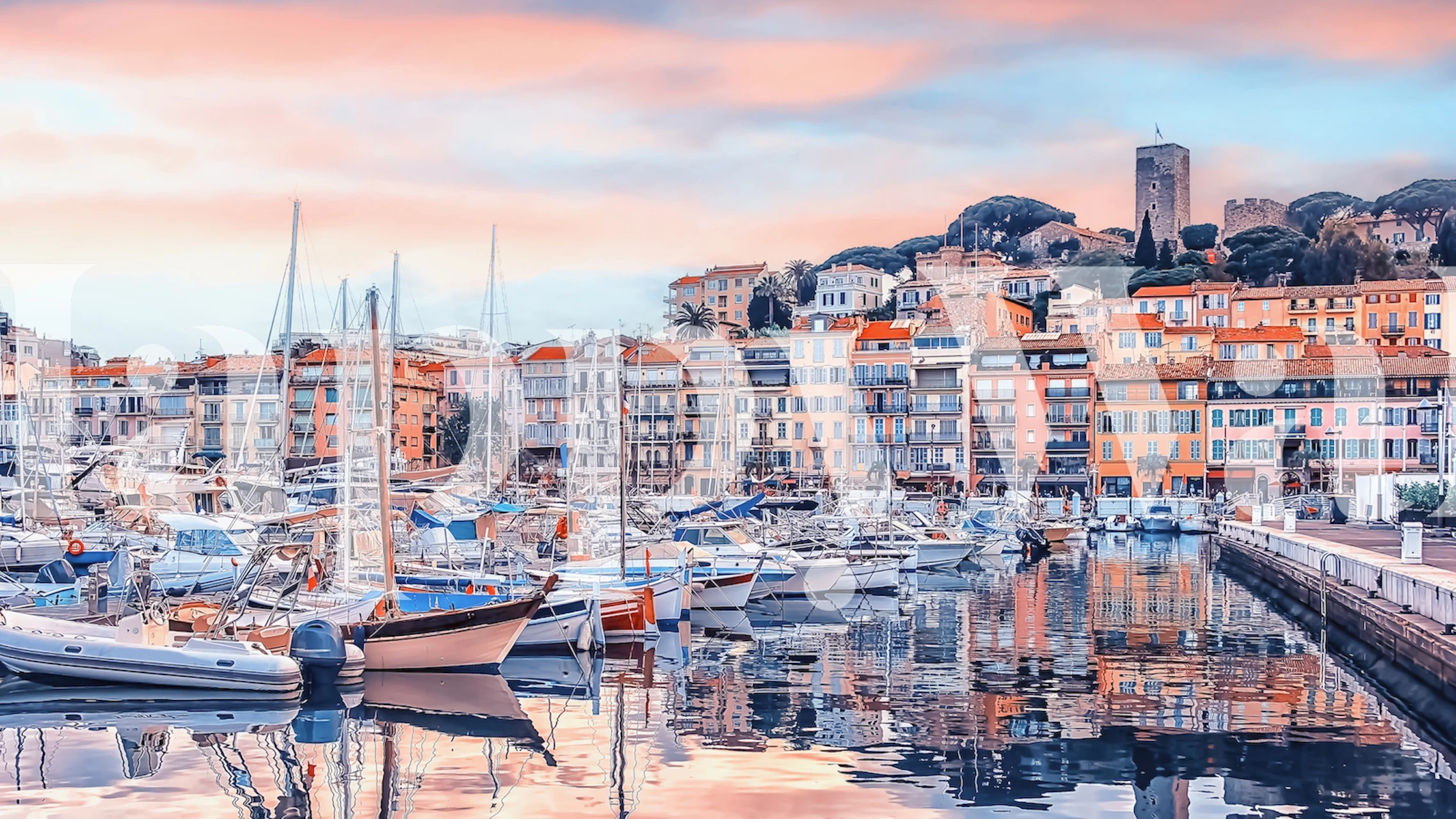 Scenic harbor view with boats and colorful buildings in pastel colors wallpaper