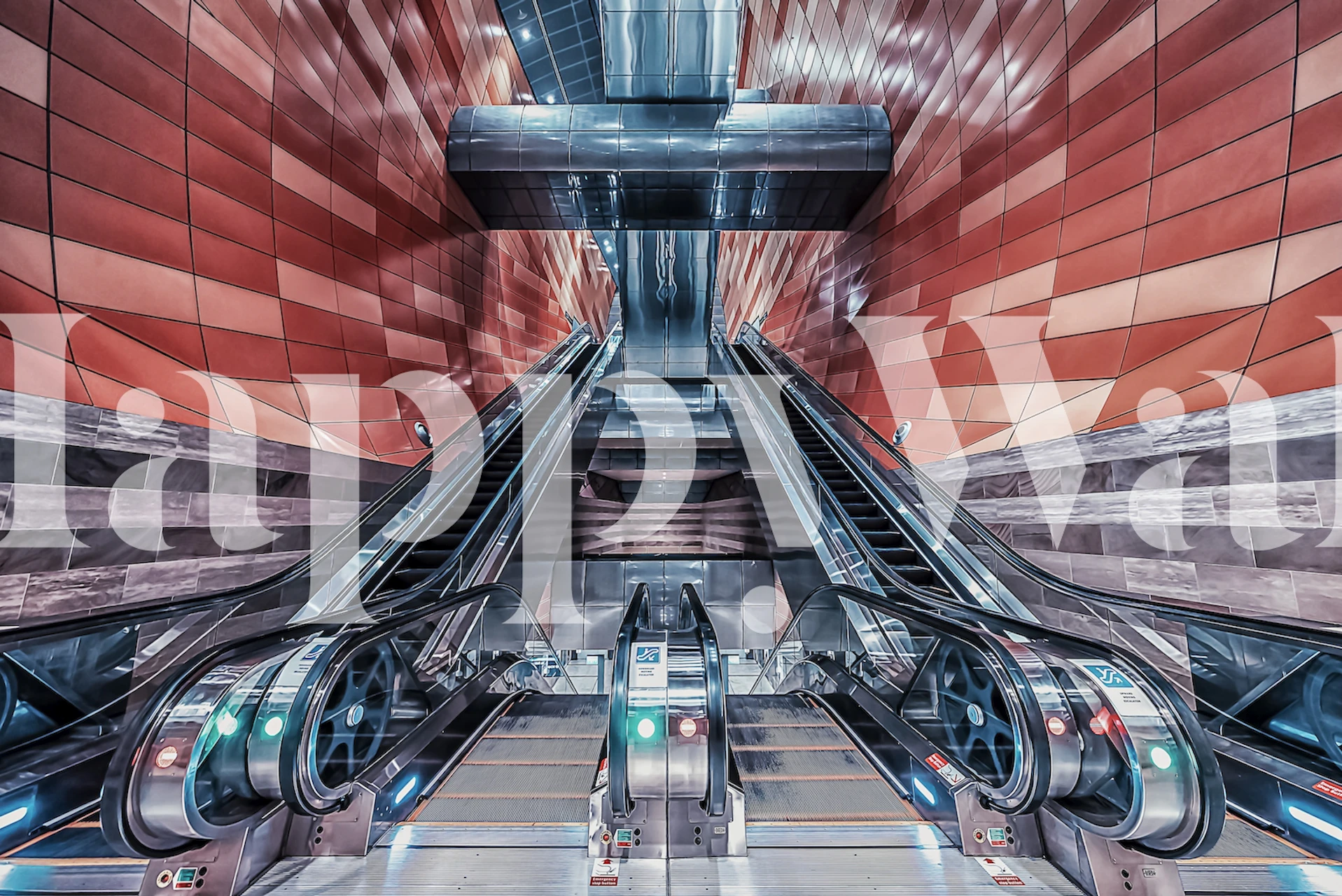 Modern escalator wall mural in a vibrant urban setting