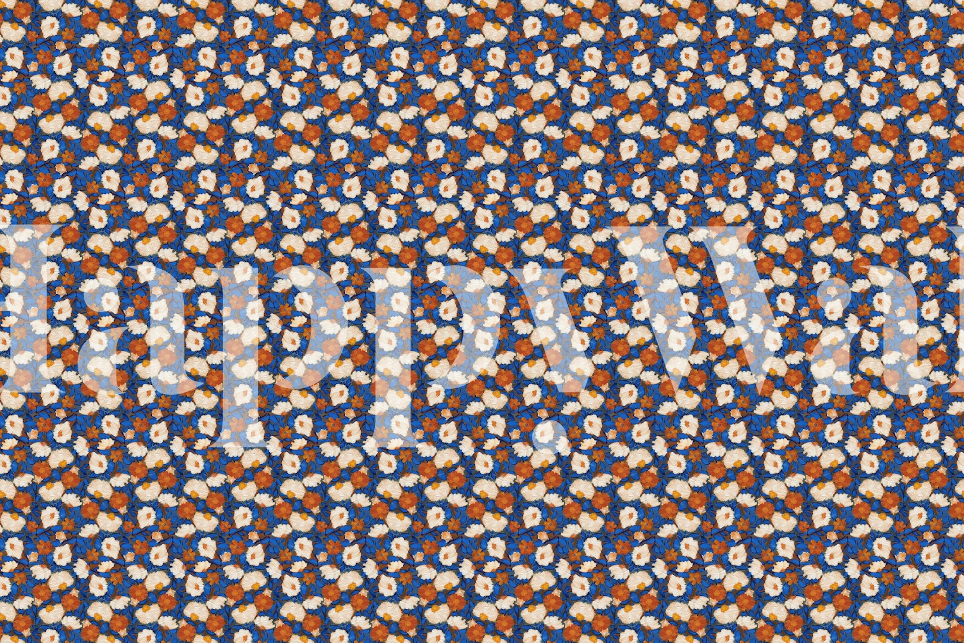 Floral pattern in orange, cobalt blue, and cream wallpaper
