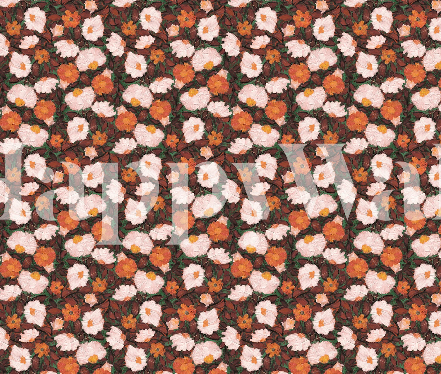 Floral wallpaper design in orange, green, and brown