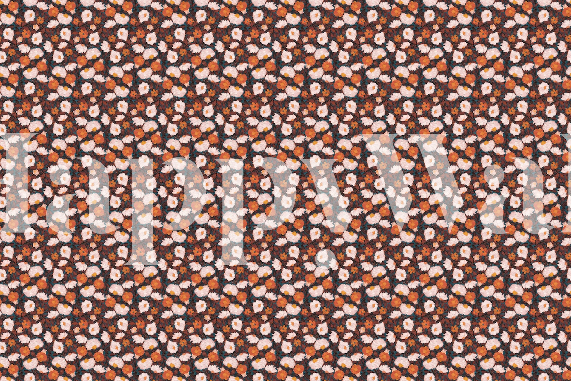 Floral wallpaper in orange, teal, and brown