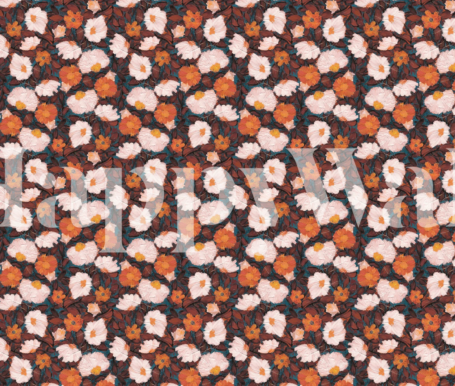 Orange blooms with teal and brown leaves floral wallpaper