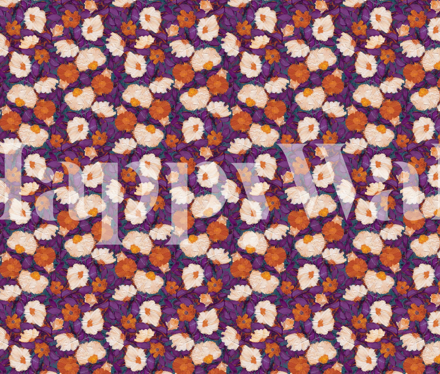 Floral wallpaper design in orange, teal, and purple