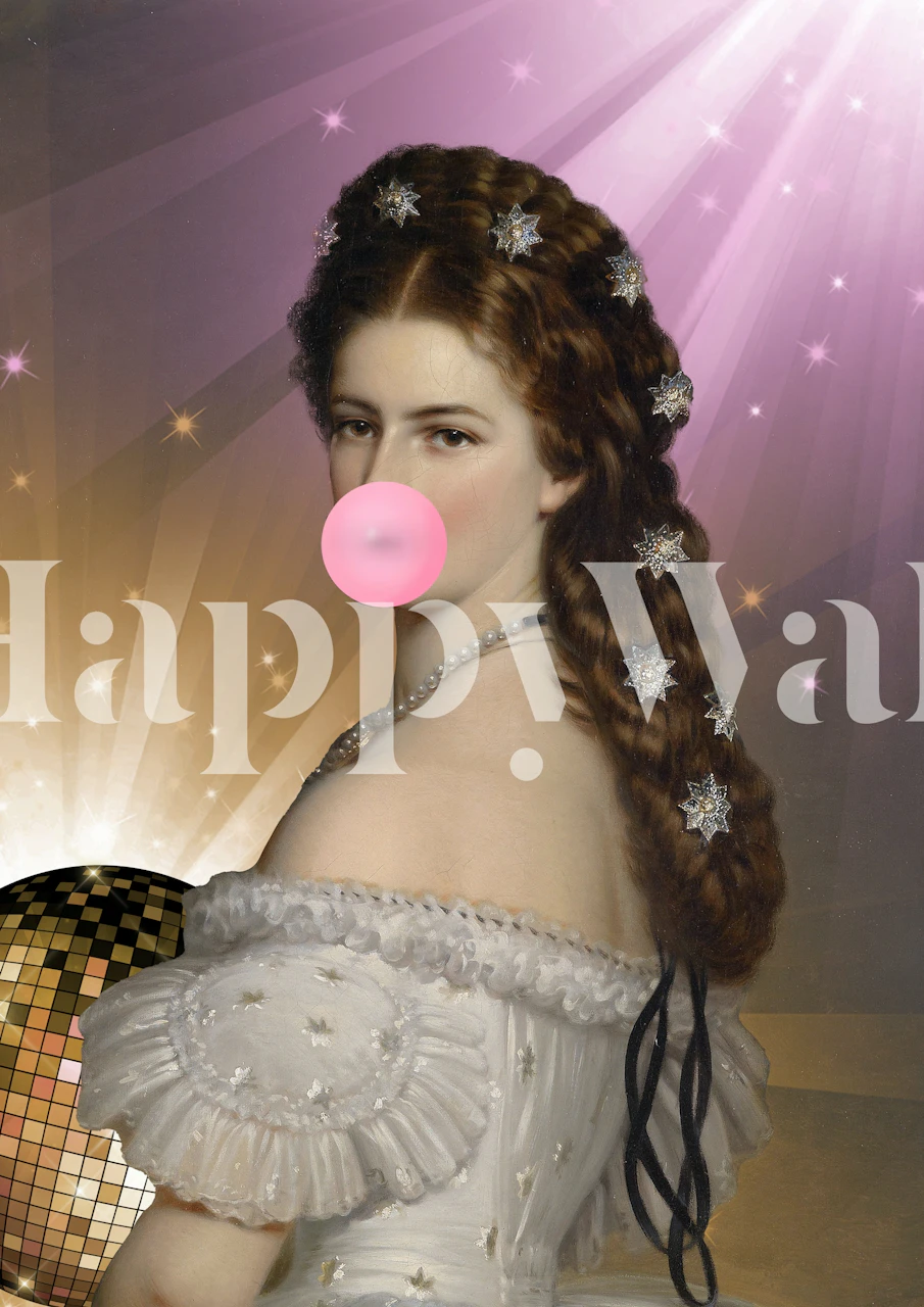 Vintage lady with pink bubblegum and disco ball backdrop wallpaper