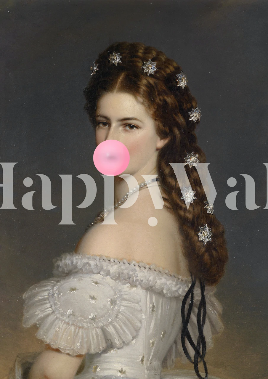 Wall mural of Empress Sisi blowing a bubble-gum bubble, classic meets quirky design