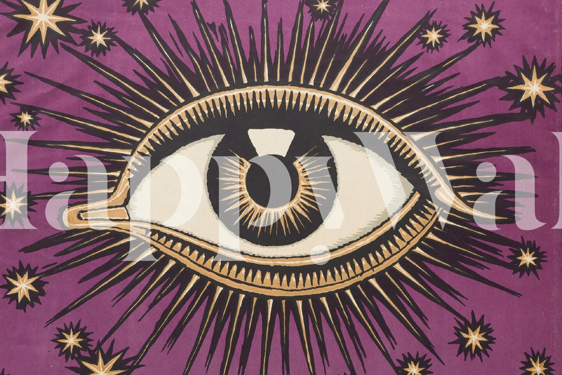 Eye motif with rays and stars on purple background wallpaper