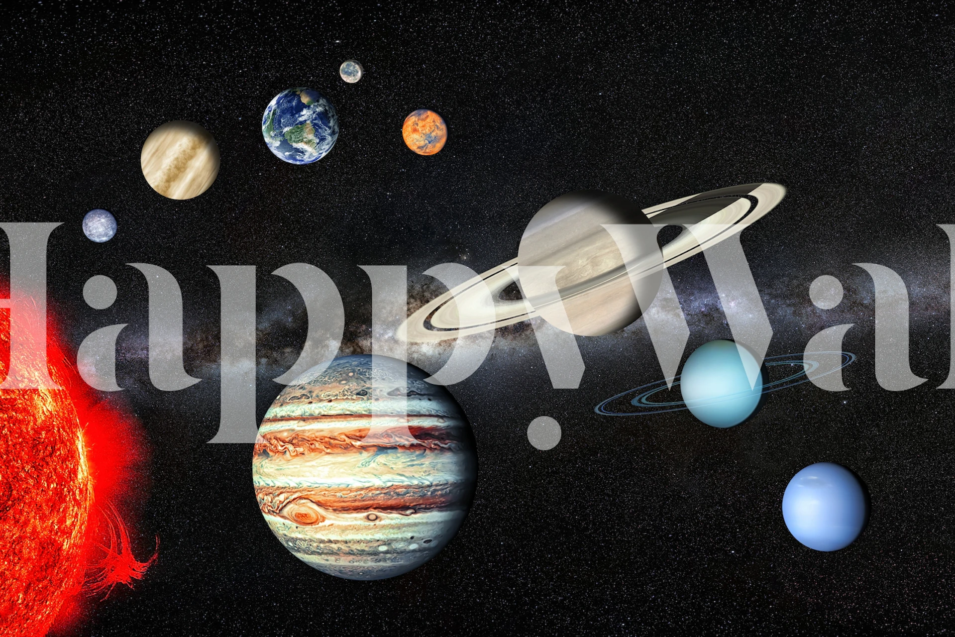 Barevná tapeta s The Solar System vystavená v místnosti