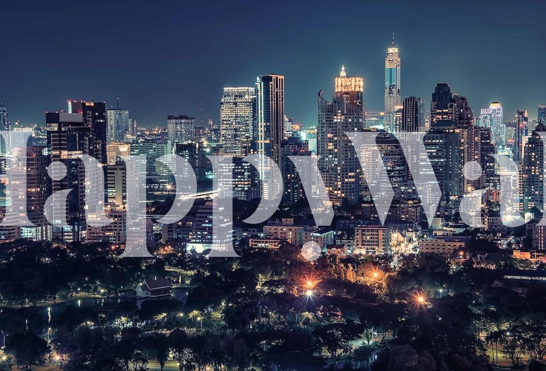 Bangkok city skyline at night with illuminated buildings wallpaper