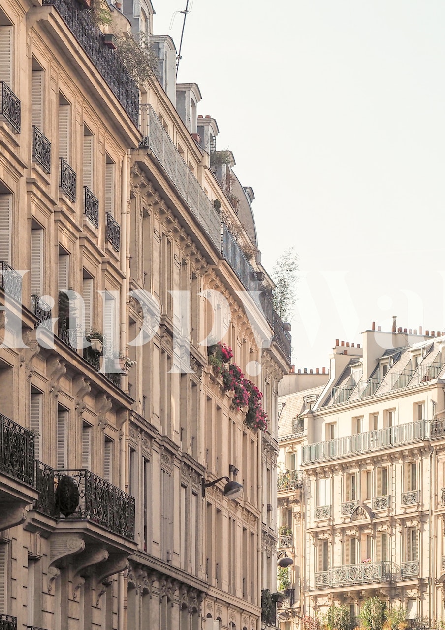 Diseño de papel pintado con Paris Buildings y Pink Flowers