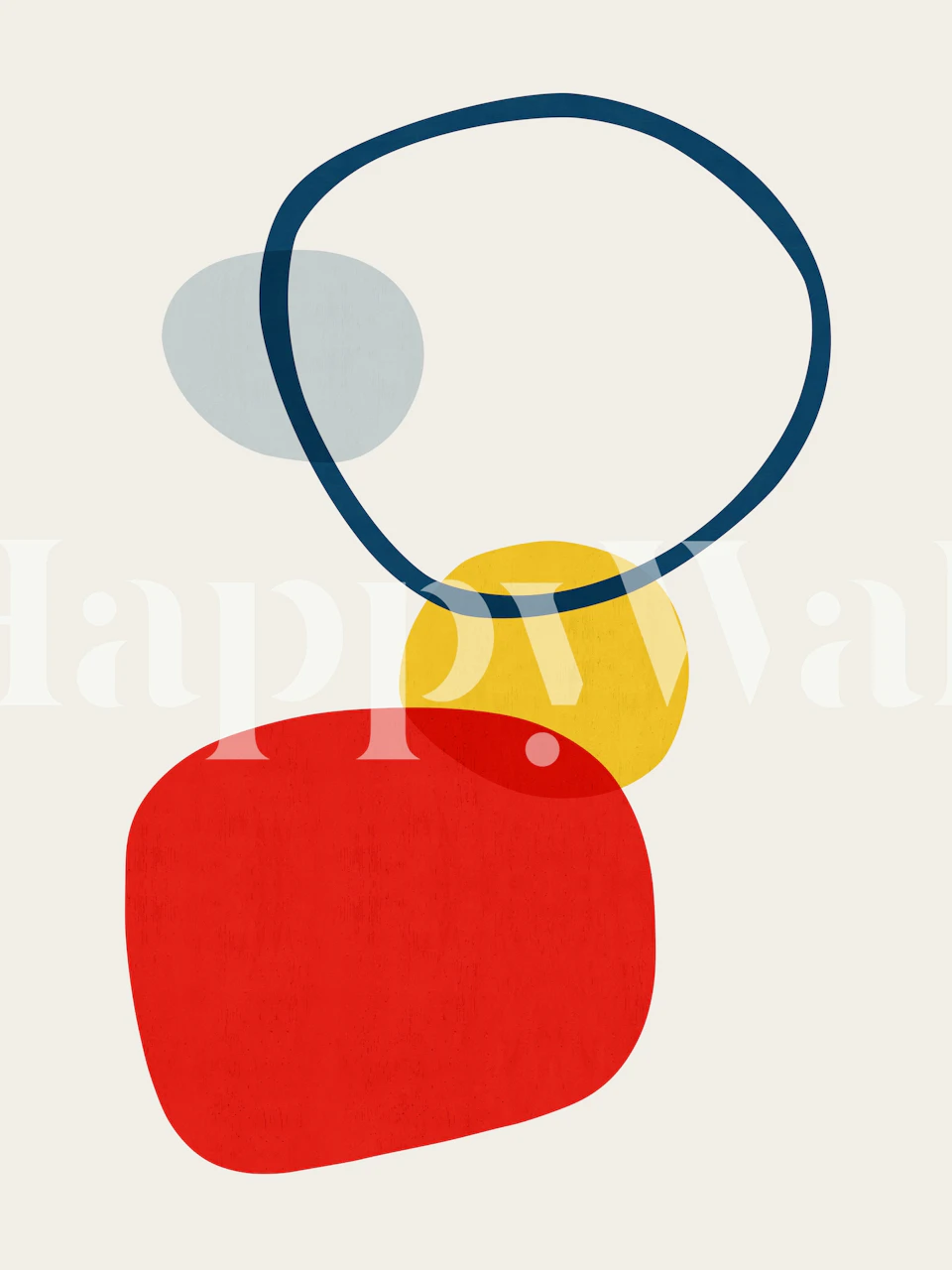 Moderne abstracte vormen muurschildering met rood vierkant, gele cirkel en blauwe ring op een lichte achtergrond