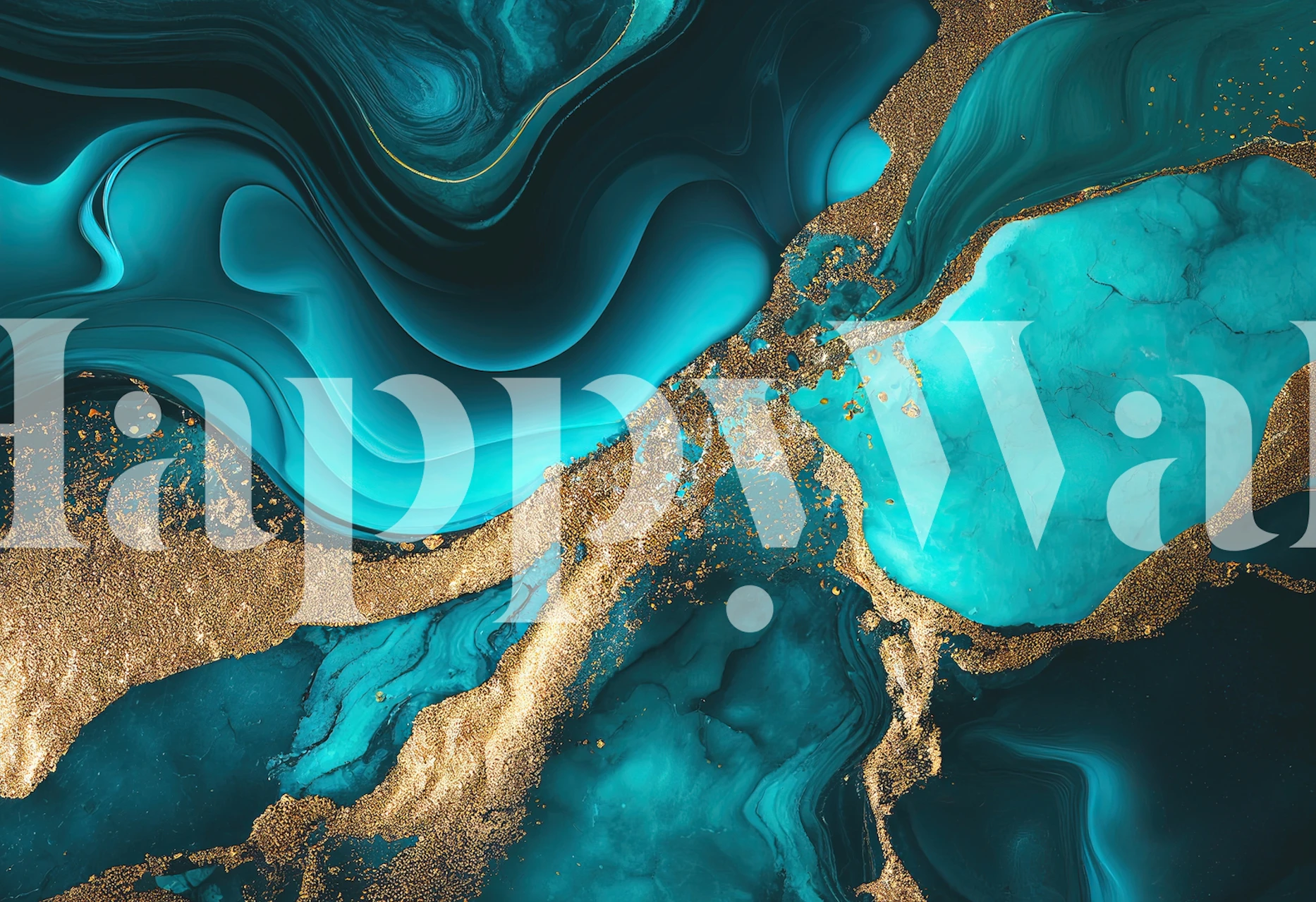 Teal and gold marble effect wallpaper with fluid patterns