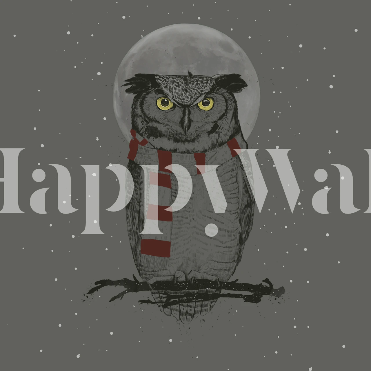 Búho gris estilizado con un pañuelo rojo sentado en una rama con luna llena y copos de nieve al fondo