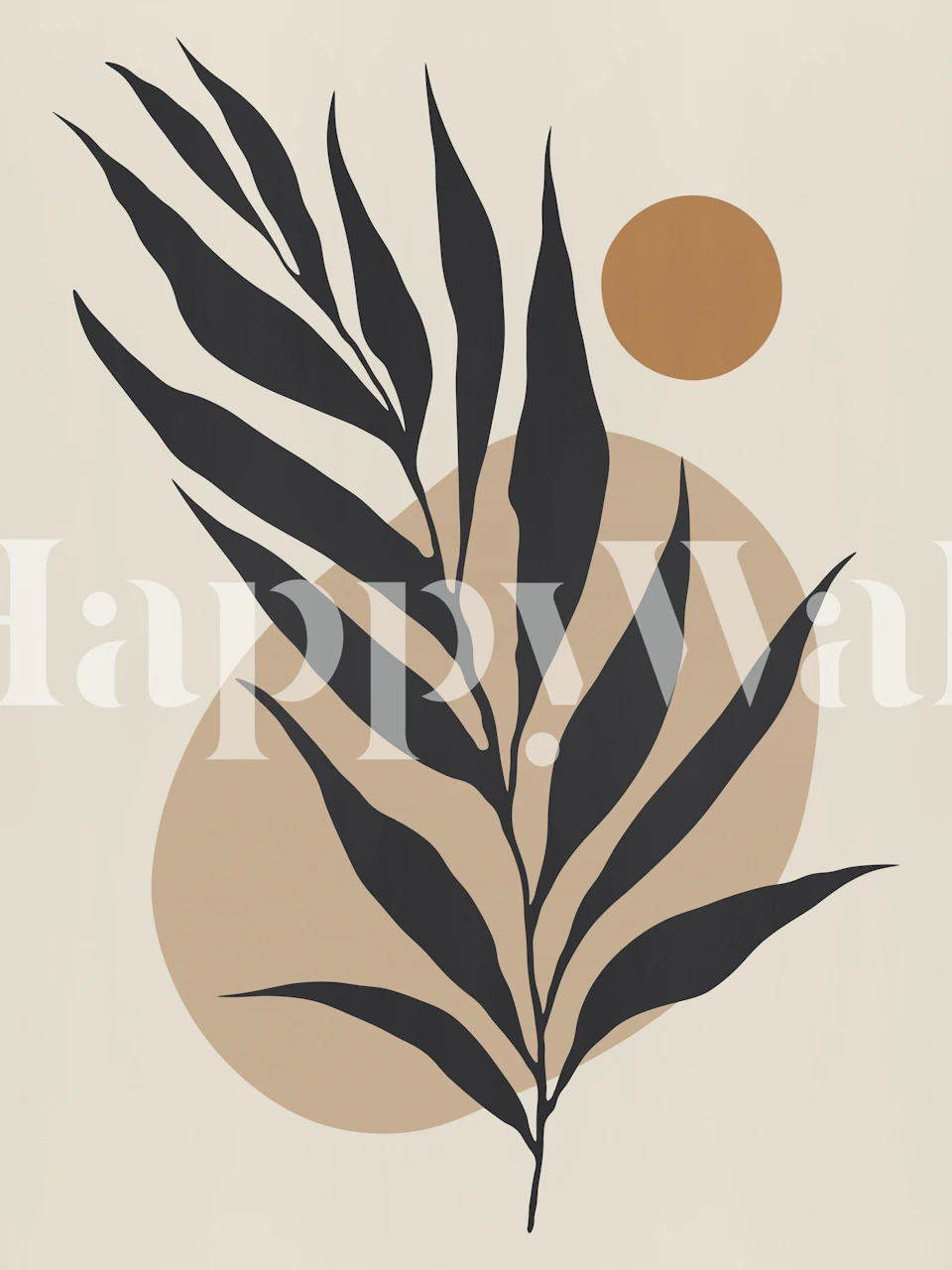 Monochrome leaves with warm beige circles on cream wallpaper