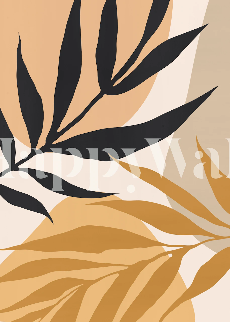 Black and gold leaves design on a warm beige background wallpaper