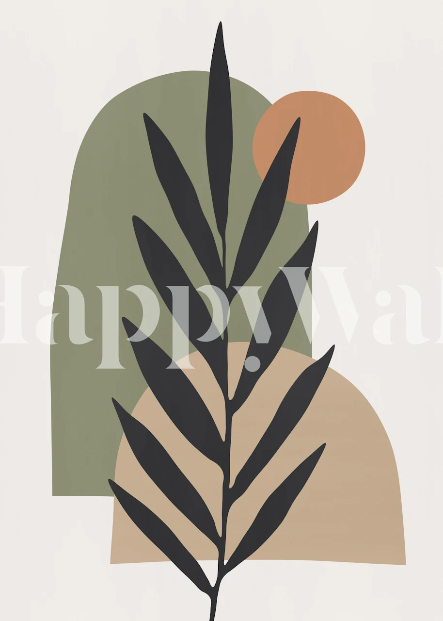 Abstraktní botanická nástěnná malba s minimalistickou siluetou rostlin s tvary zemitých tónů