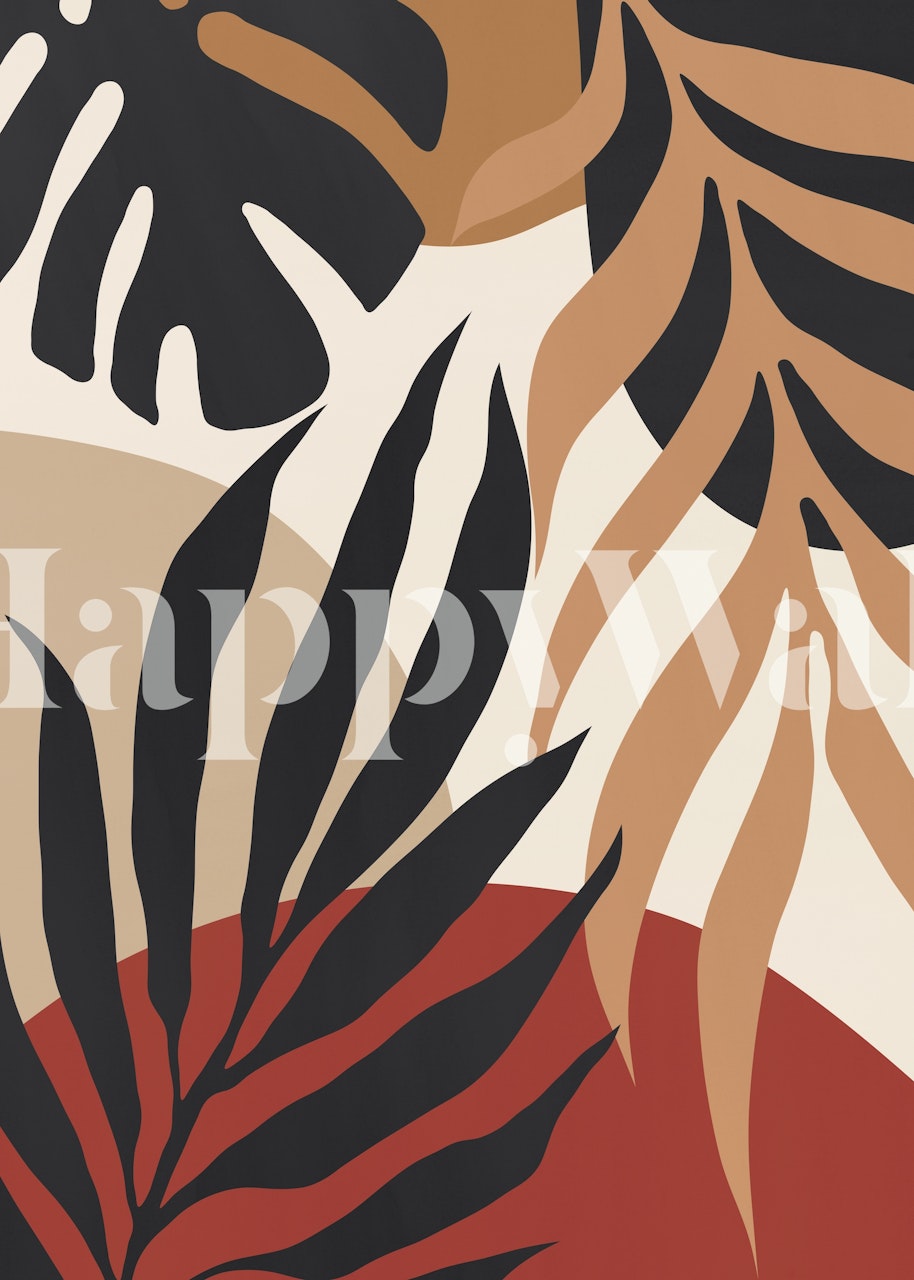 Abstract nature inspired wall mural with earthy tones and foliage silhouettes