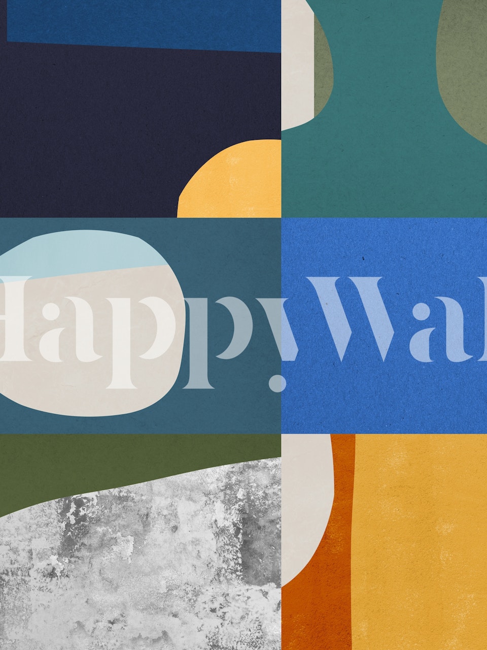 Geometric shapes in blue, yellow, green, and gray wallpaper