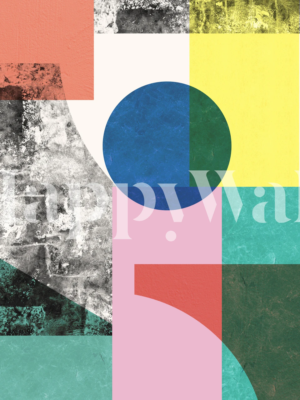 Colorful geometric shapes in pink, yellow, blue, and green wallpaper