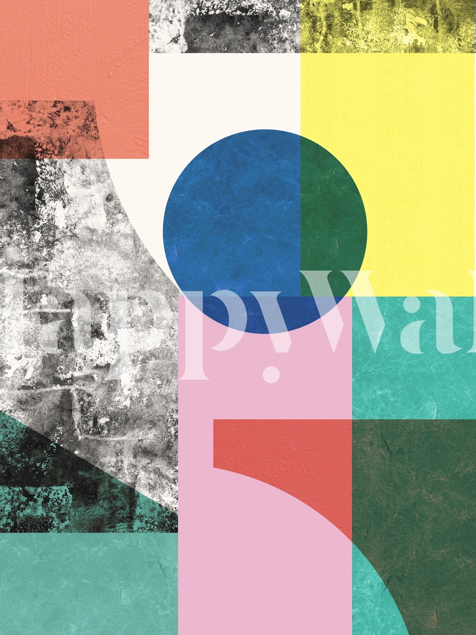 Colorful geometric shapes in pink, yellow, blue, and green wallpaper