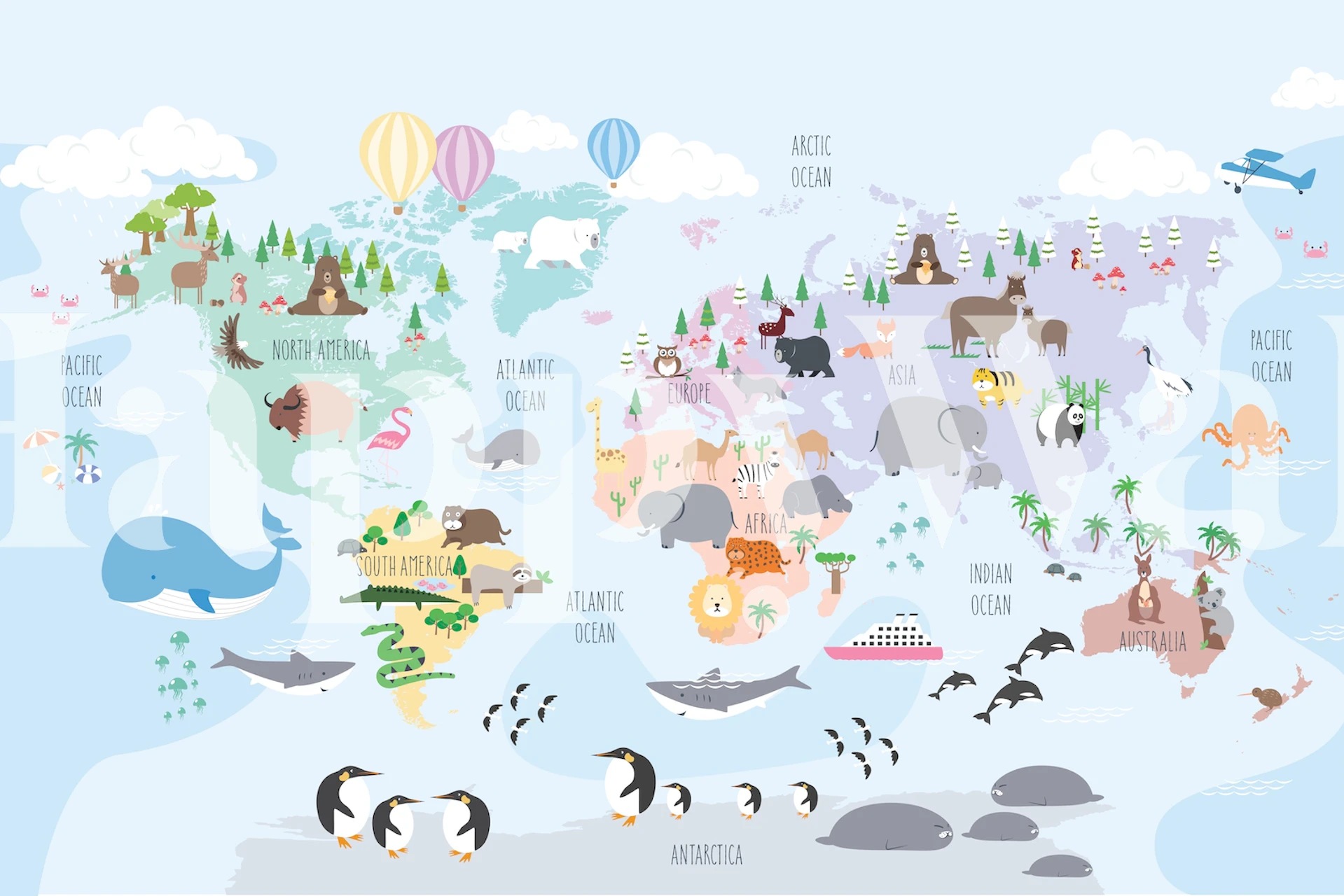 Illustrert barnehageverdenskart-tapet med søte dyr