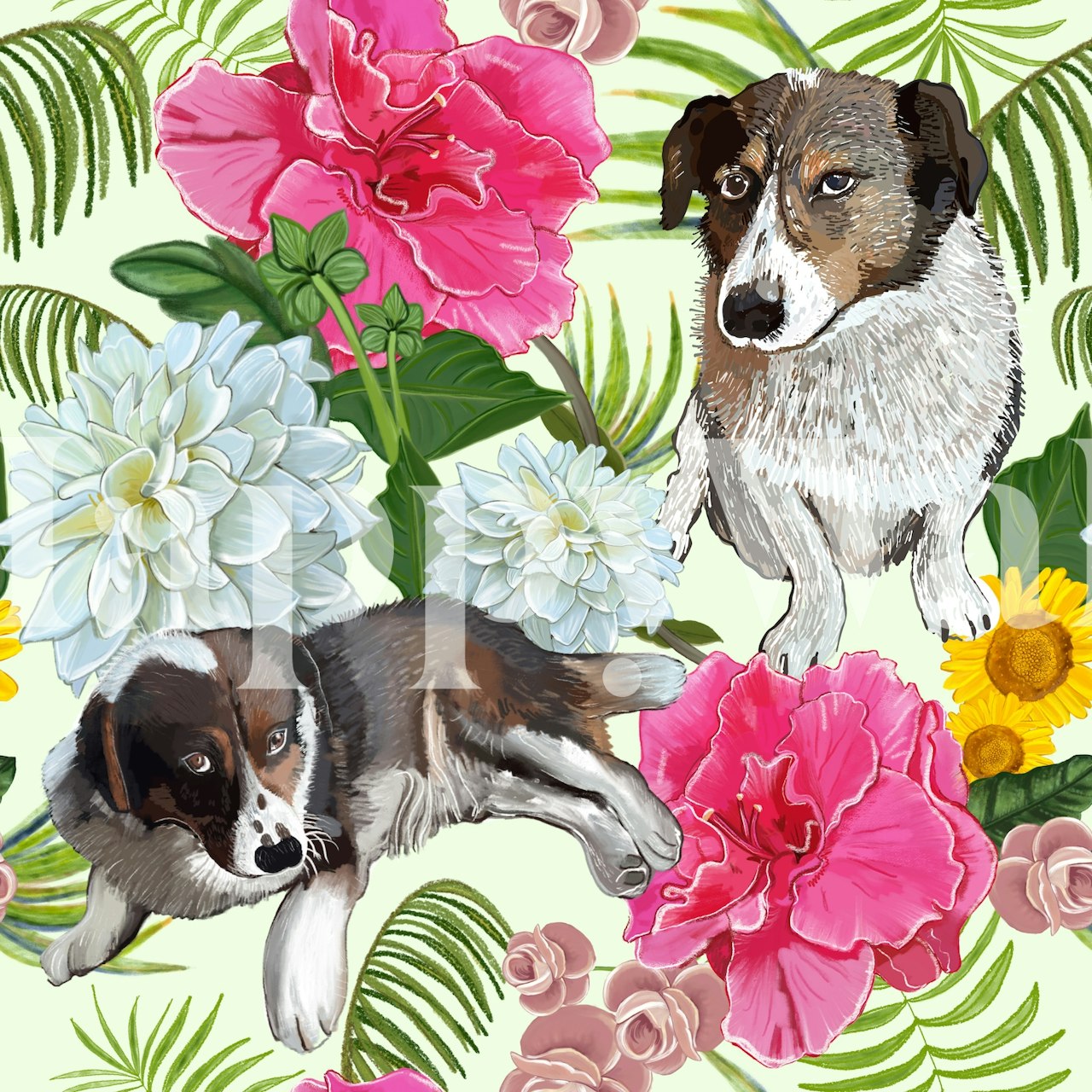 Dog and dahlia floral mural in pink, white, and green wallpaper
