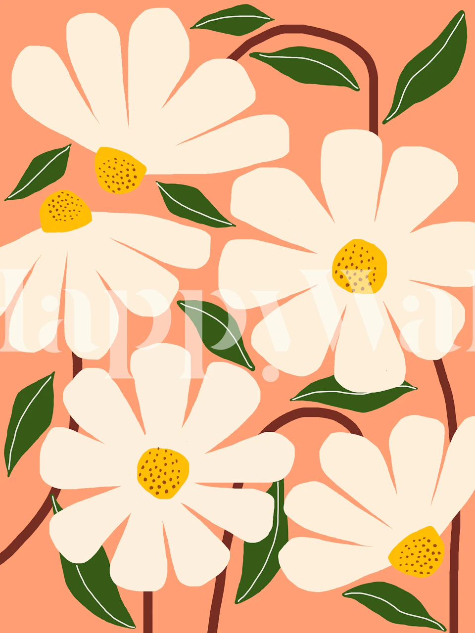 Wild daisies in cream with yellow centers on peach background wallpaper