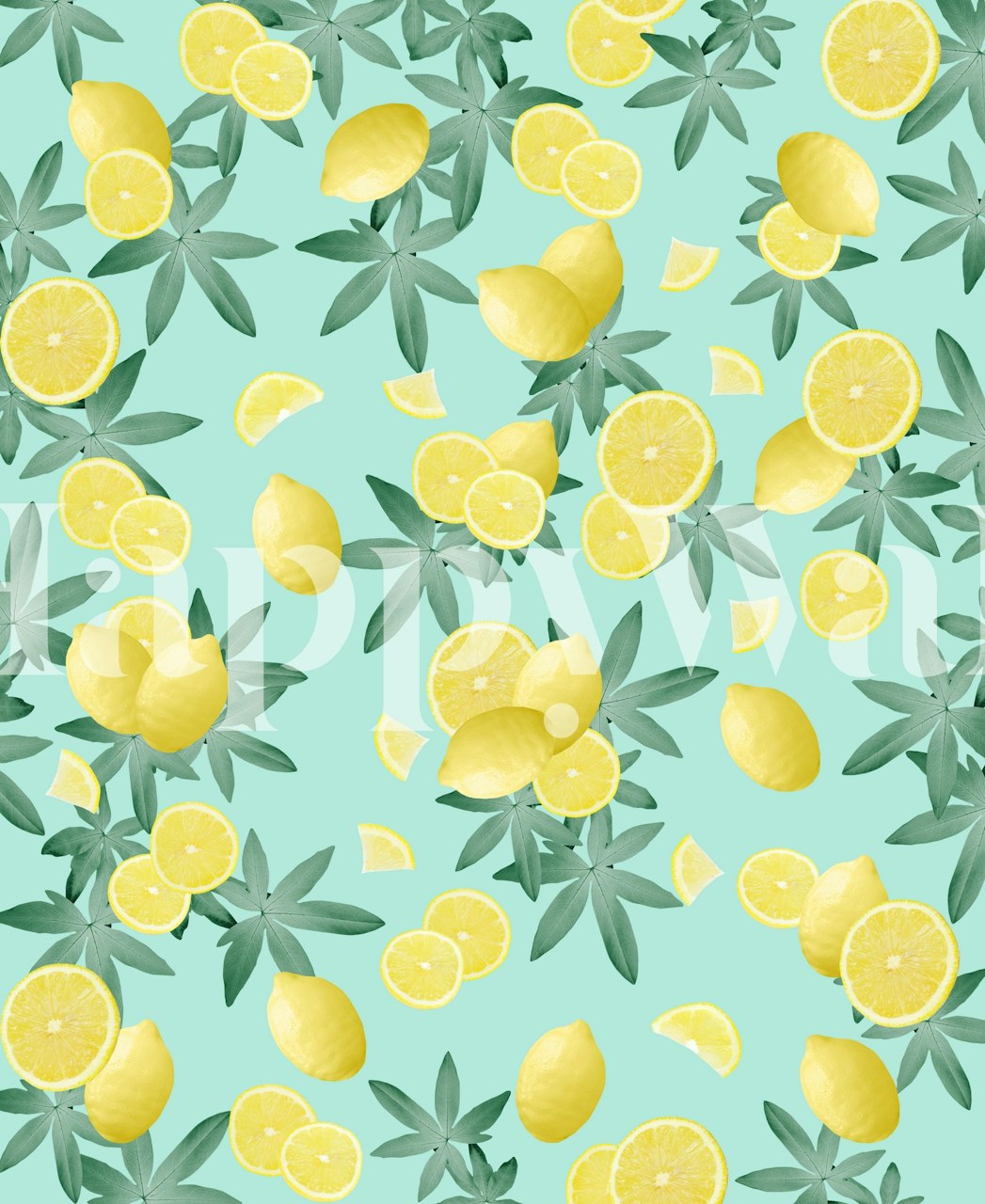 Lemon and green leaf pattern wallpaper