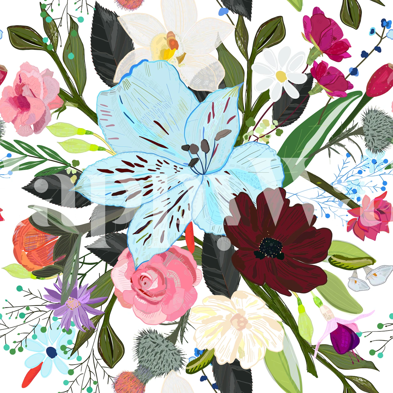 Colorful alstroemerias and fuchsia roses wall mural with greenery accents