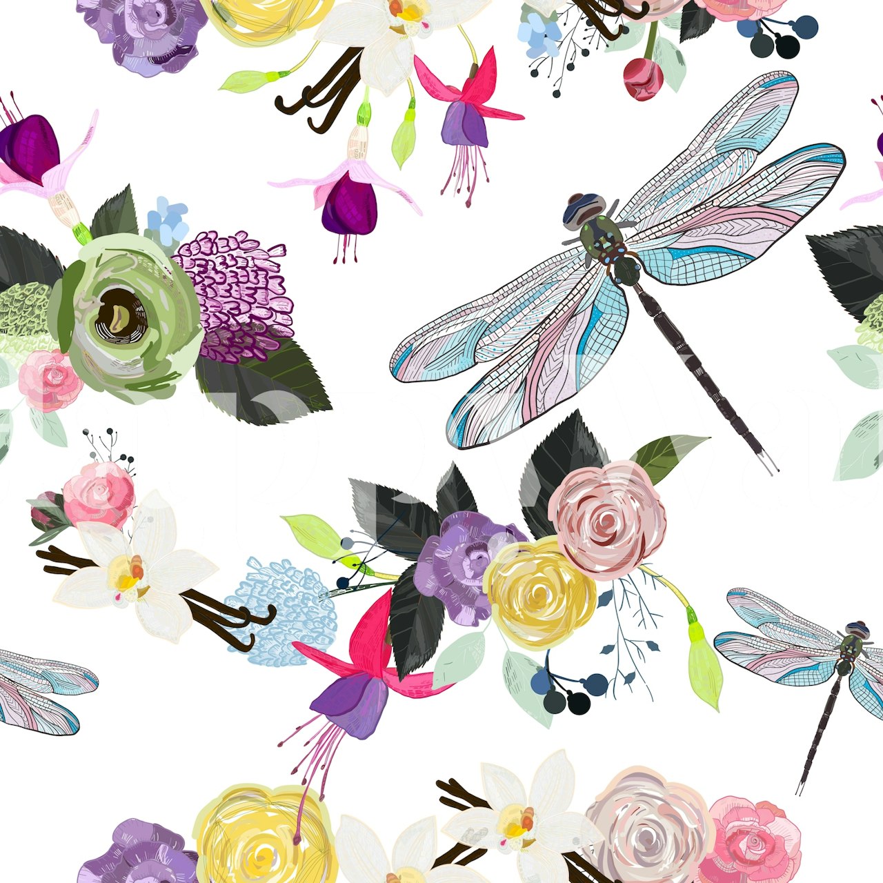 Fuchsia floral patterns with dragonflies on a white background wallpaper