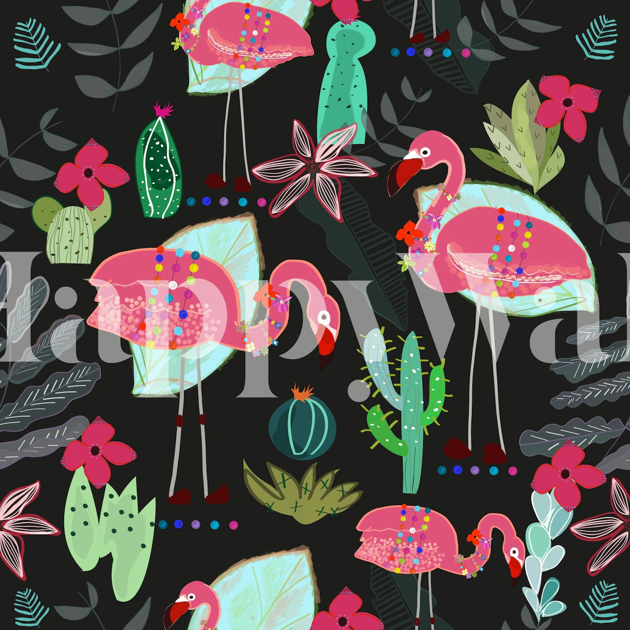Pink flamingos and green cacti on a dark background wallpaper