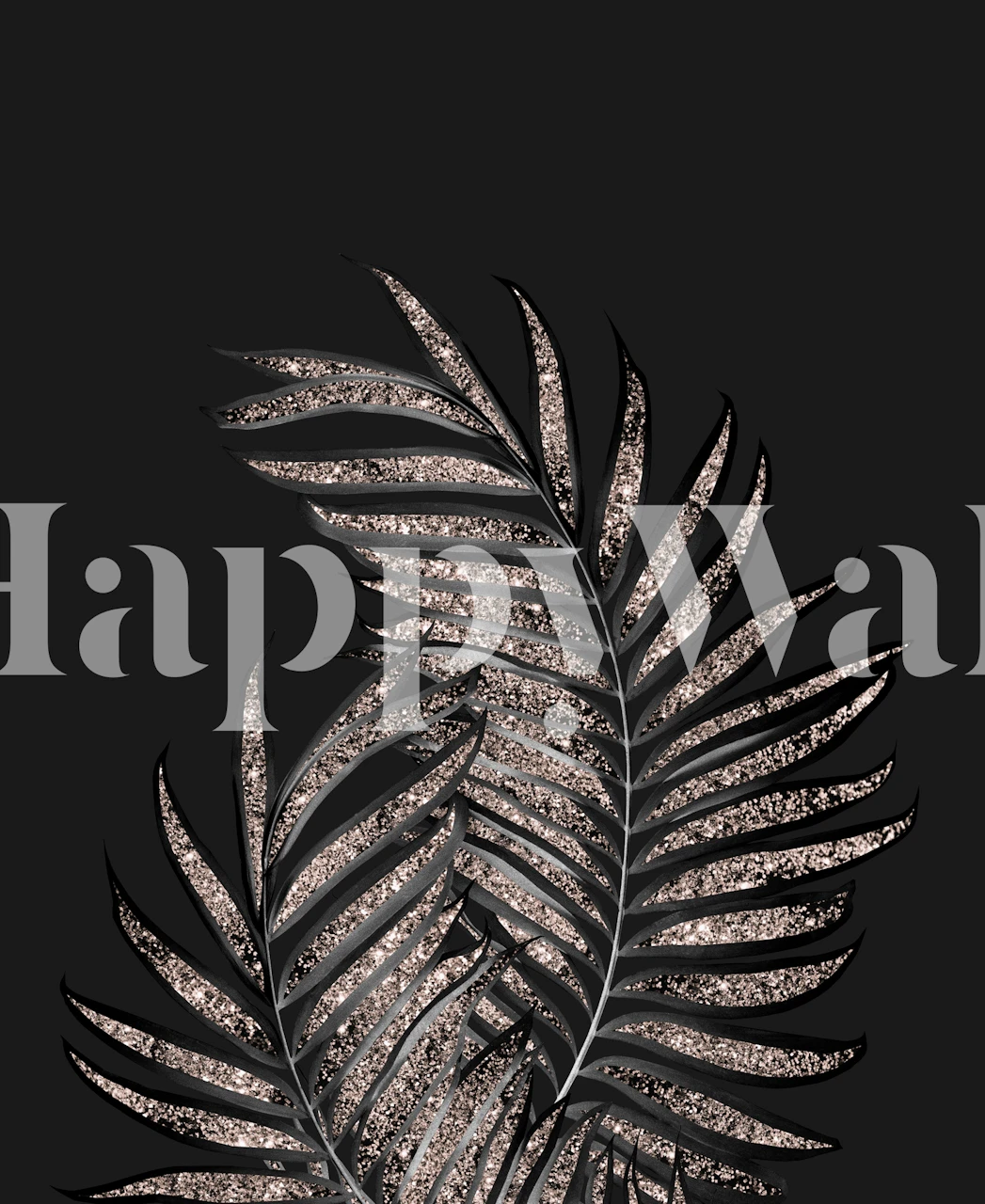 Zwart palmblad met glitterdetails op een donkere achtergrondmuurschildering