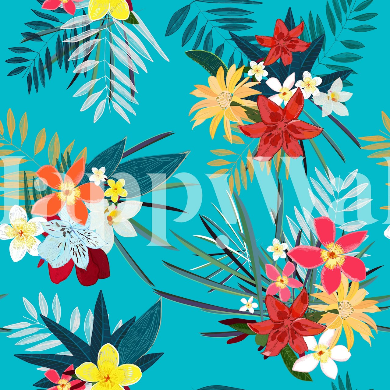 Vibrant wall mural with frangipani, lily flowers, and palm leaves on a blue background