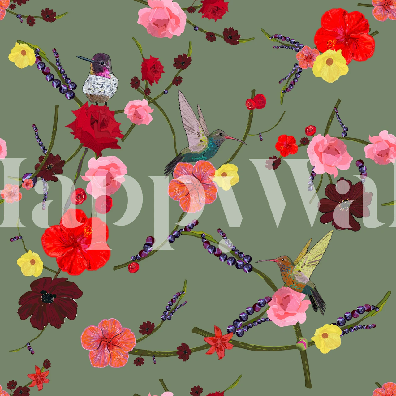 Floral wall mural with birds and hibiscus roses on a green background