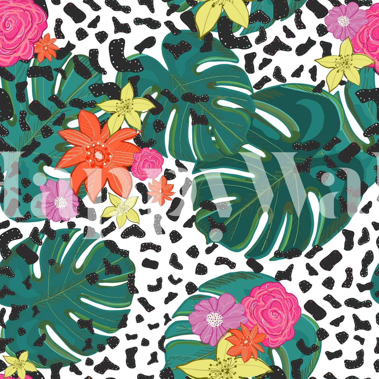Tropical floral wallpaper with hibiscus and palm leaves, black leopard print, bright colors