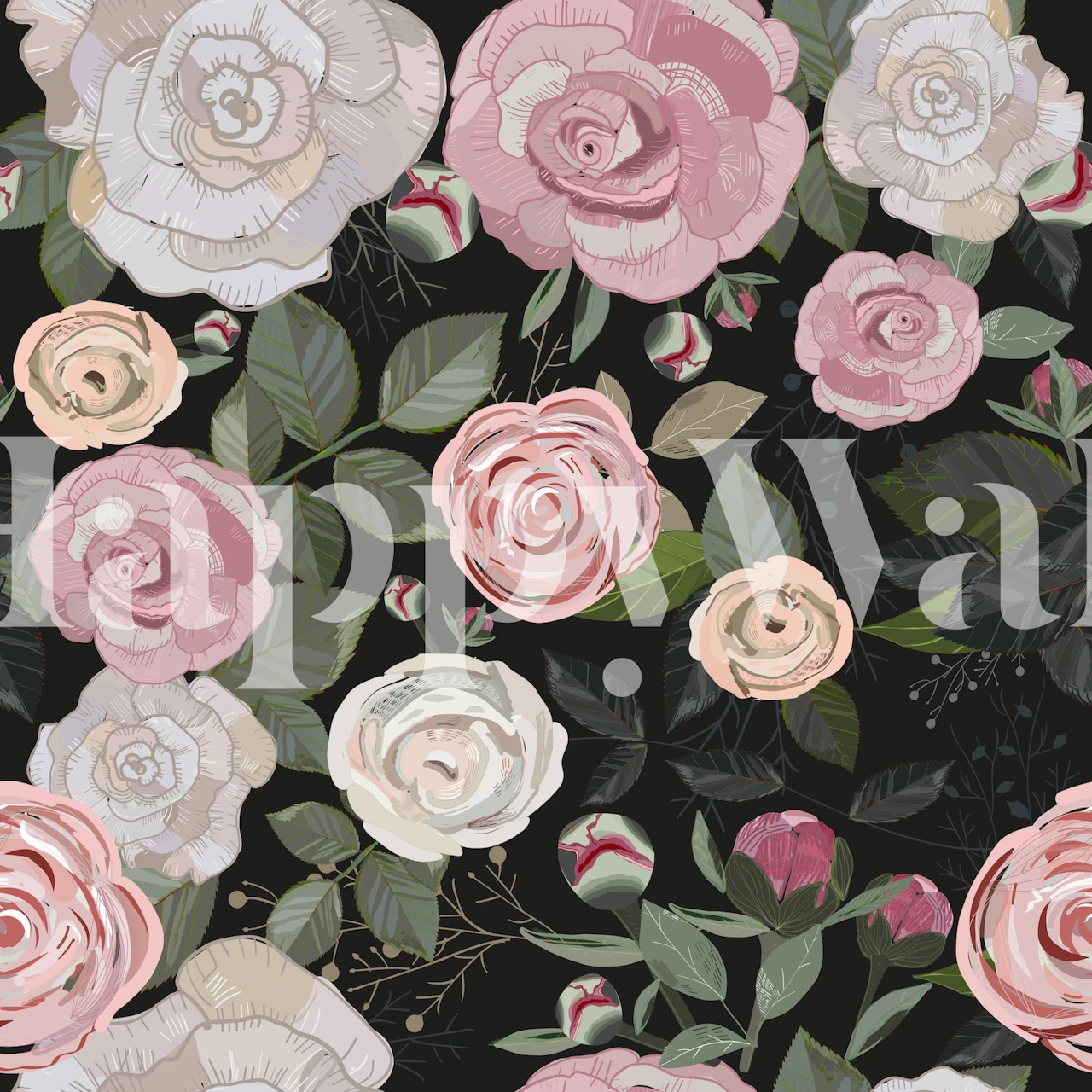 Peony and roses black wallpaper in een kamer