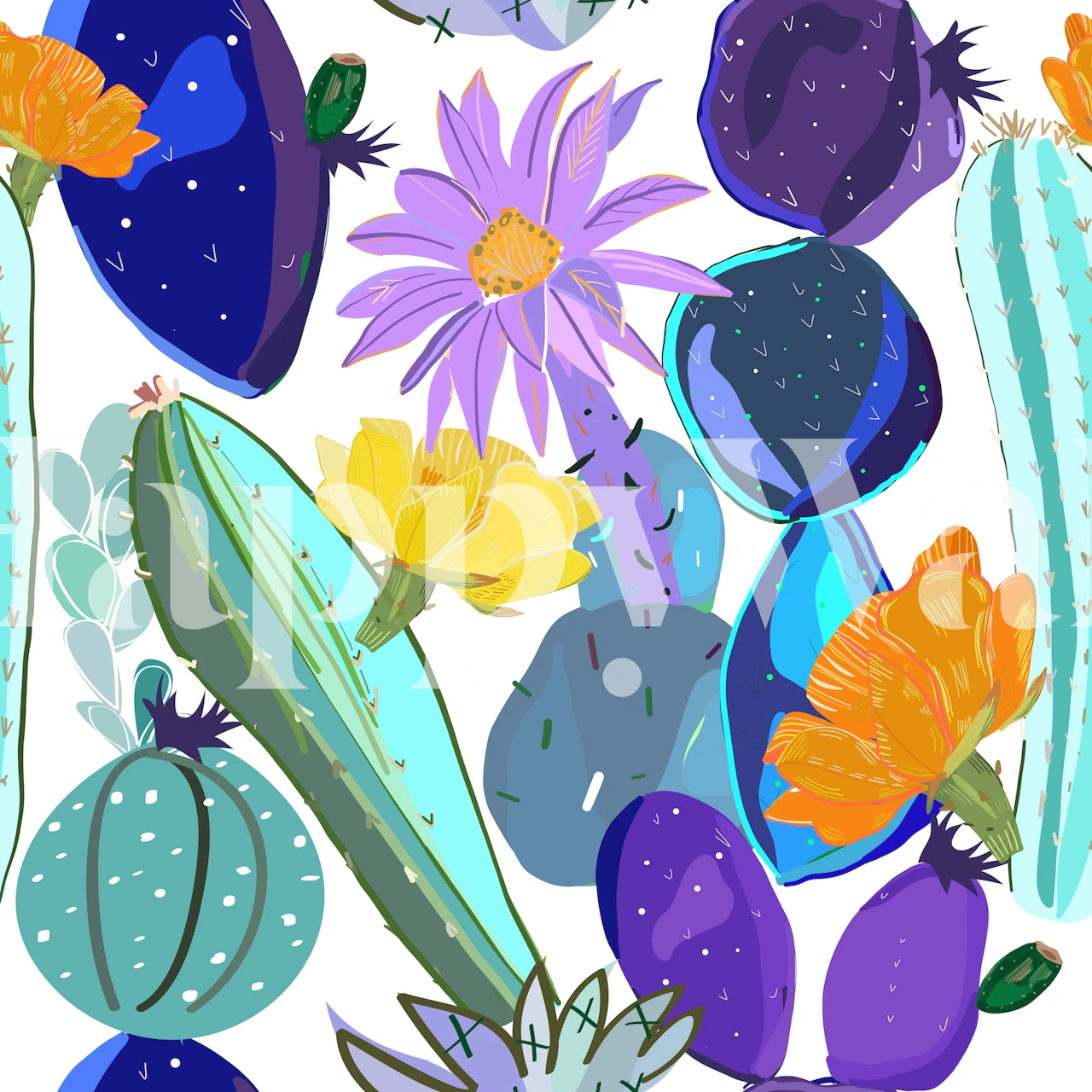 Colorful cactus and succulents wallpaper design