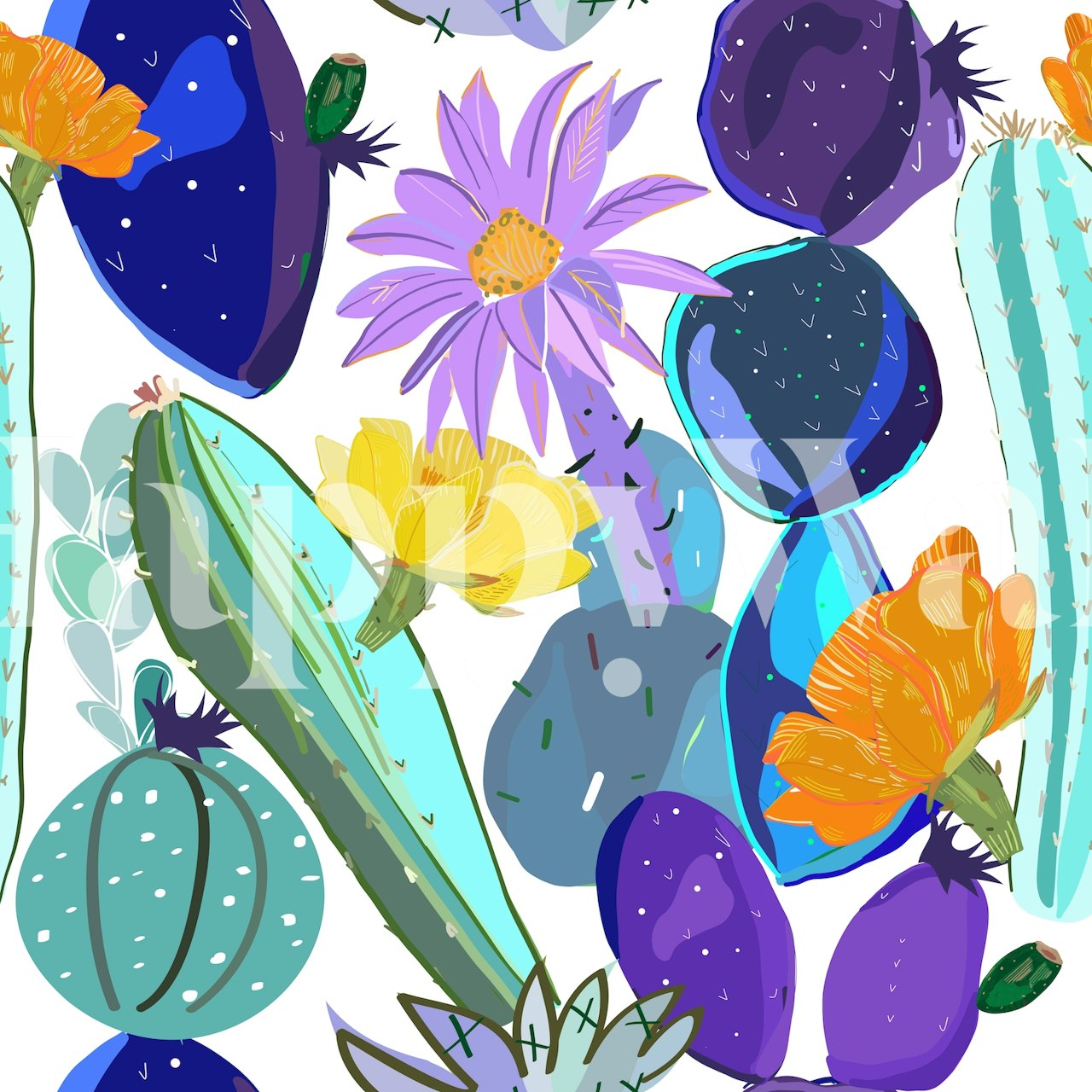 Colorful cactus and succulents wallpaper design